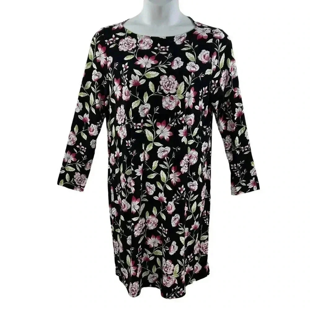 J. Jill Wearever Collection L Black Floral Print Dress 3/4 Sleeve Hiking Lagon